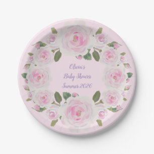 Custom Name, Pink Roses Paper Plate Baby Shower