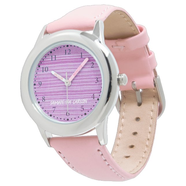 Custom name pink stripes textiled watch (Angled)