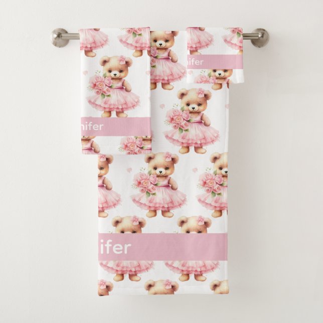 Custom Name Pink Teddy Bear Girl's Bath Towel Set (Insitu)