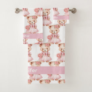 Custom Name Pink Teddy Bear Girl's Bath Towel Set