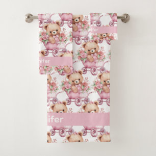 Custom Name Pink Teddy Bear Girl's Bath Towel Set