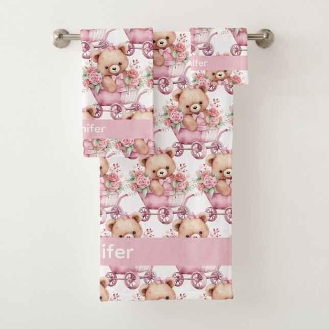 Custom Name Pink Teddy Bear Girl's Bath Towel Set (Insitu)