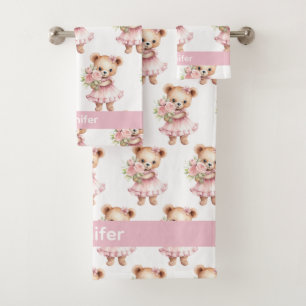 Custom Name Pink Teddy Bear Girl's Bath Towel Set