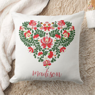 Custom Name Pink Typography/ Floral Folk Heart Throw Pillow