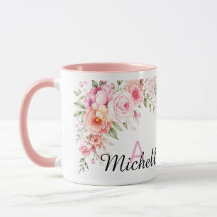 Custom Name Pink Watercolor Floral Monogrammed Mug