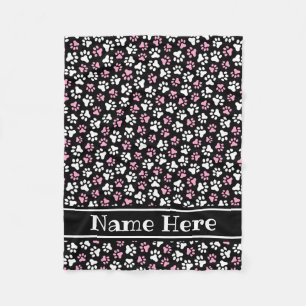 Custom name pink white on black paw print pattern fleece blanket