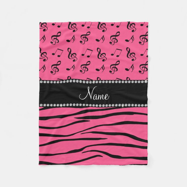 Custom name pink zebra stripes pink music notes fleece blanket (Front)