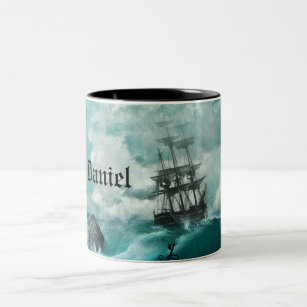 Custom Name Pirate Ship Vibrant Stormy Ocean Mug