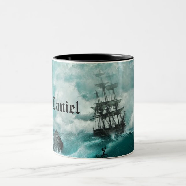 Custom Name Pirate Ship Vibrant Stormy Ocean Mug (Center)