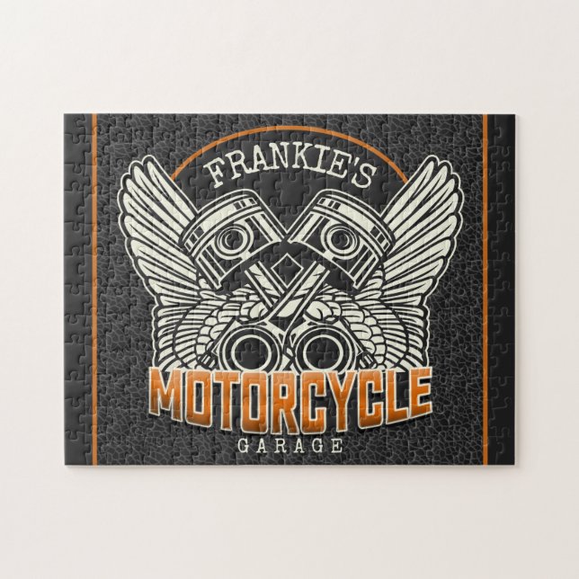 Custom NAME Pistons Wings Motorcycle Biker Garage Jigsaw Puzzle (Horizontal)