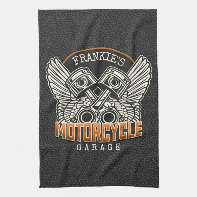 Custom NAME Pistons Wings Motorcycle Biker Garage Kitchen Towel (Vertical)