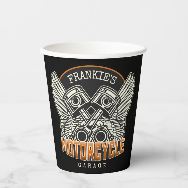 Custom NAME Pistons Wings Motorcycle Biker Garage Paper Cups (Front)