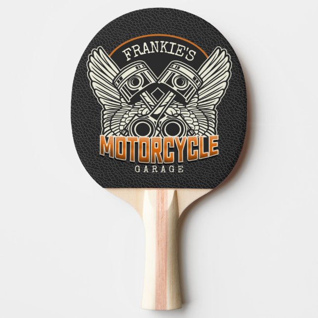 Custom NAME Pistons Wings Motorcycle Biker Garage Ping Pong Paddle (Front)