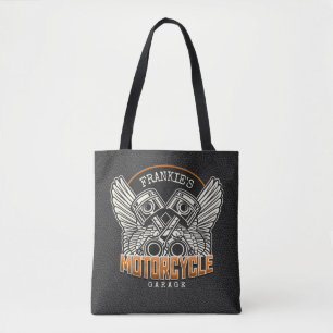 Custom NAME Pistons Wings Motorcycle Biker Garage Tote Bag