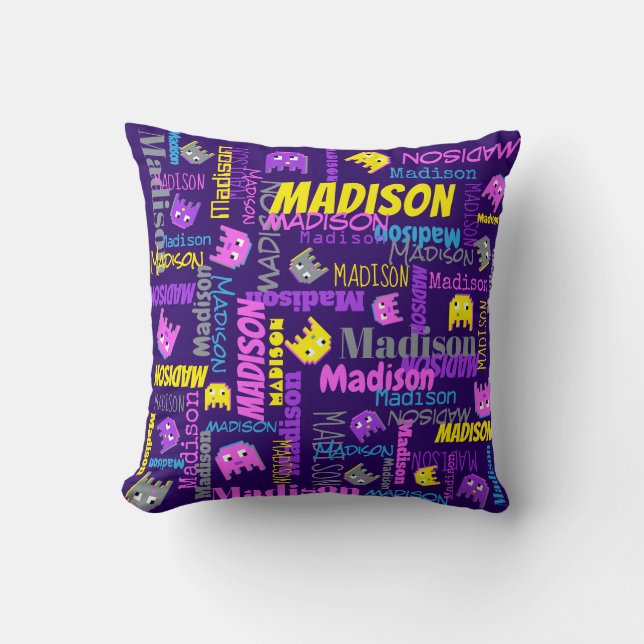 Custom name pixel gaming pink purple yellow girls throw pillow (Front)