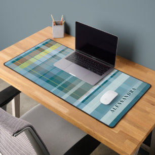 Custom Name Plaid Check Blue Teal Modern Stylish  Desk Mat