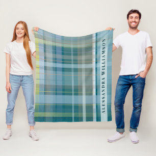 Custom Name Plaid Check Blue Teal Modern Stylish Fleece Blanket