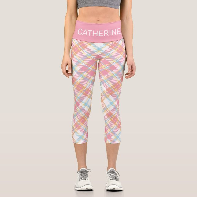 Custom Name Plaid / Tartan Pattern Capri Leggings (Front)