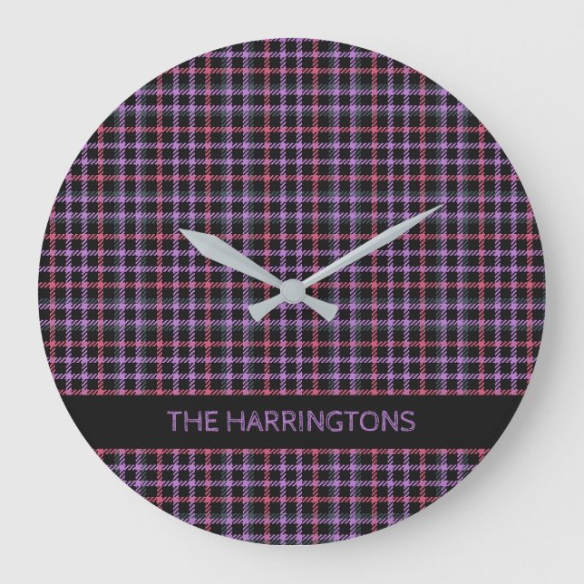 Custom Name Plaid / Tartan Pattern Large Clock (Front)
