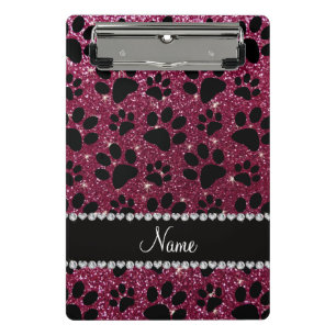 Custom name plum purple glitter black dog paws mini clipboard