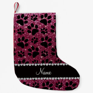 Custom name plum purple glitter black dog paws small christmas stocking