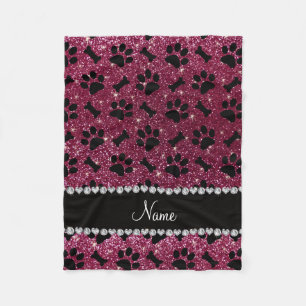 Custom name plum purple glitter bones dog paws fleece blanket