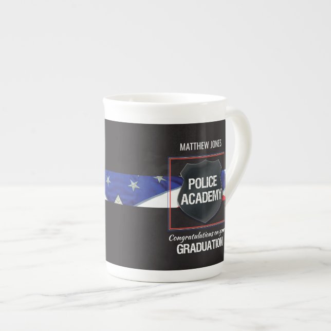 Custom Name, Police Academy Graduation Bone China Mug (Front Right)