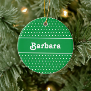 Custom Name Polka Dot Green and White Ceramic Ornament