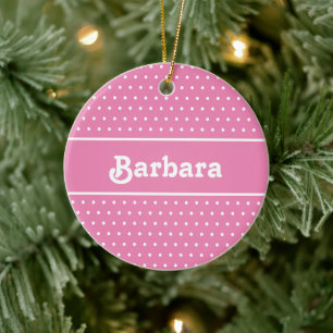 Custom Name Polka Dot Pink and White Ceramic Ornament