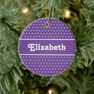 Custom Name Polka Dot Purple and White Ceramic Ornament