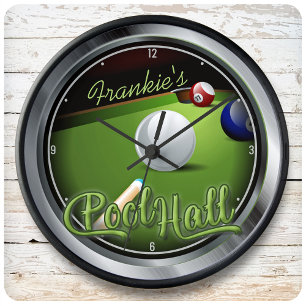 Custom NAME Pool Hall Billiard Game Room Snooker Large Clock