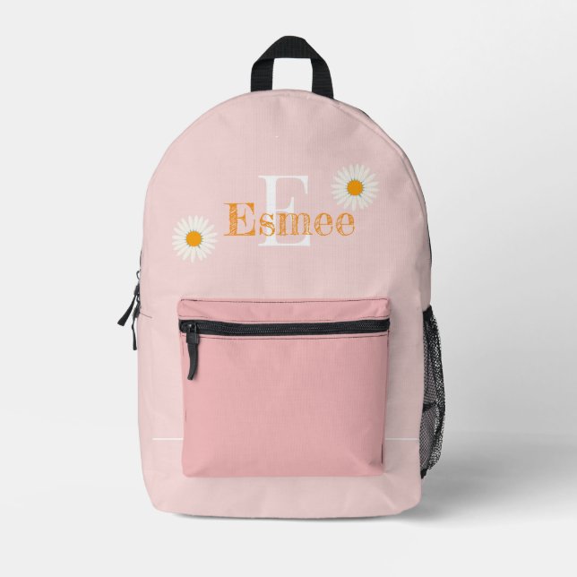 custom name powder pink backpack with daisy (Front)