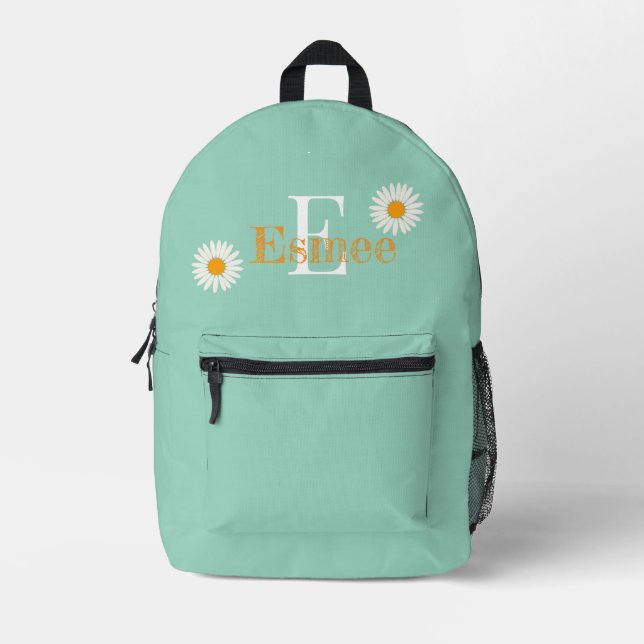 custom name powder retro blue backpack with daisy (Front)