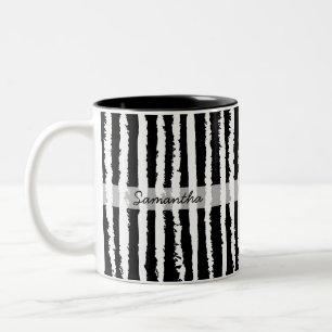 Custom Name Preppy Black White Striped  Two-Tone Coffee Mug