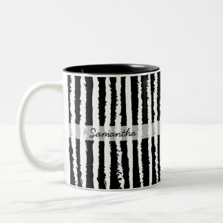 Custom Name Preppy Black White Striped Two-Tone Coffee Mug