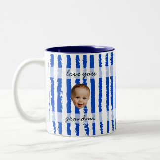 Custom Name Preppy Blue Striped Baby Face Photo Two-Tone Coffee Mug