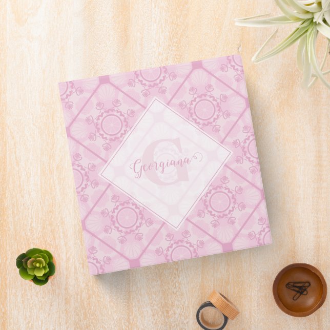 Custom Name Preppy In Pink Mandala Diamond Tiled Binder (In Situ)