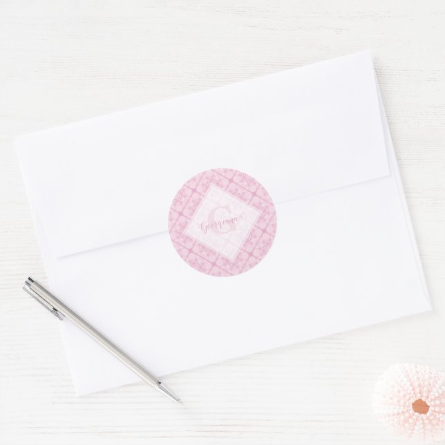 Custom Name Preppy In Pink Mandala Diamond Tiled Classic Round Sticker (Envelope)