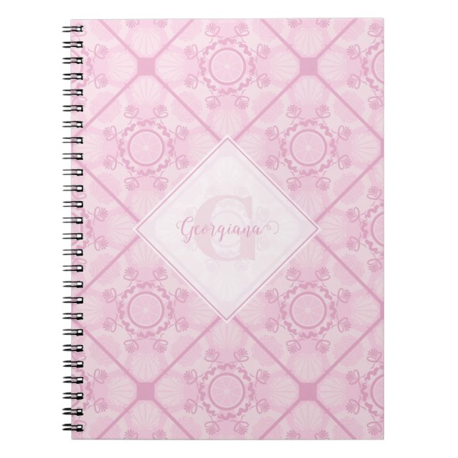 Custom Name Preppy In Pink Mandala Diamond Tiled Notebook (Front)