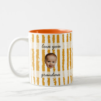 Custom Name Preppy Orange Striped Baby Face Photo Two-Tone Coffee Mug