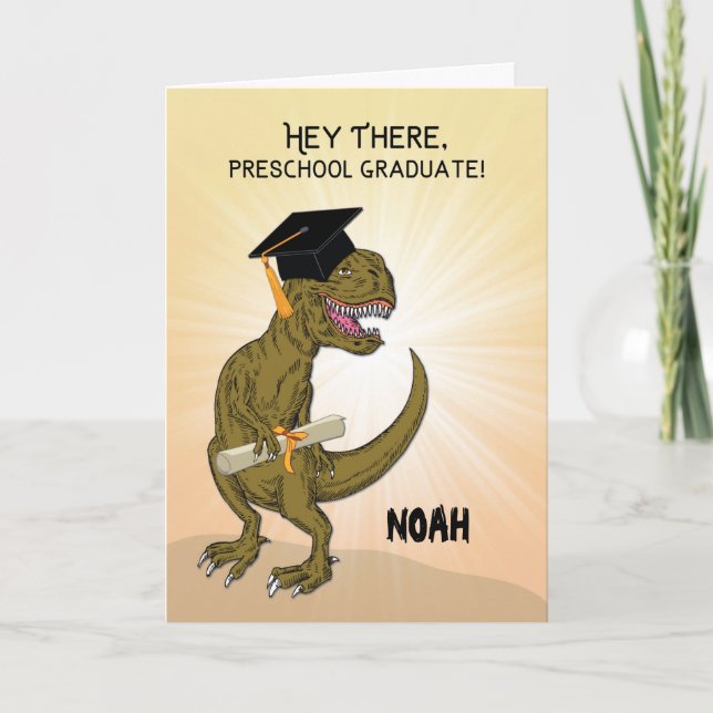Custom Name Preschool Pre-K Graduation T-Rex Card (Front)