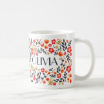 Custom Name Pretty Floral Red Colourful Girly Mug<br><div class="desc">Customize this Lovely Custom Name Pretty Mug featuring an Original Red Floral and Black Leaves Pattern. Girly cute design, perfect for a short name. For a longer name click on the Customize it Button under the product image and you'll be able to resize the text. You can also contact me...</div>