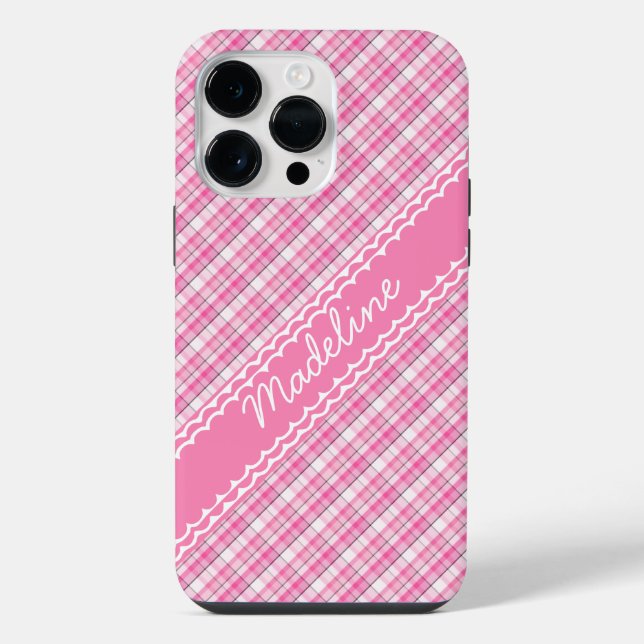 Custom Name Pretty in Pink Plaid Tartan Pattern iPhone Case (Back)