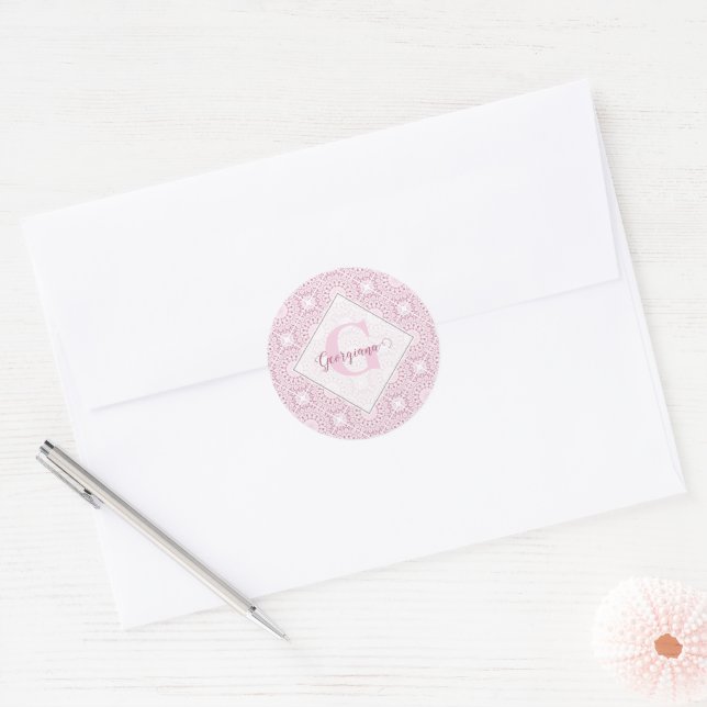 Custom Name Pretty Pink Confetti Lace Mandala Tile Classic Round Sticker (Envelope)