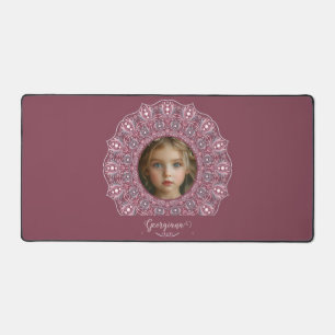 Custom Name Pretty Pink Floral Mandala Photo Frame Desk Mat