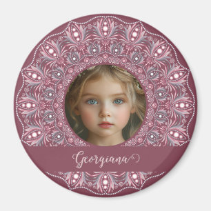 Custom Name Pretty Pink Floral Mandala Photo Frame Magnet
