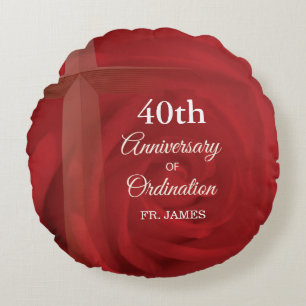 Custom Name Priest Anniversary Ordination Red Rose Round Pillow