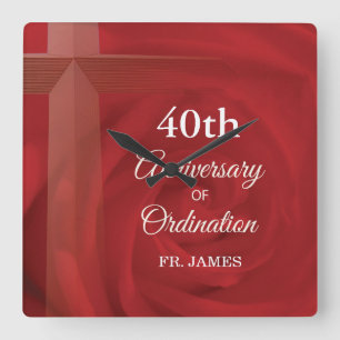 Custom Name Priest Anniversary Ordination Red Rose Square Wall Clock
