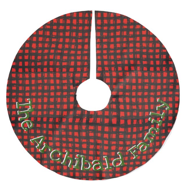 Custom Name Primitive Red &Blk Buffalo Check Plaid Brushed Polyester Tree Skirt (Front)