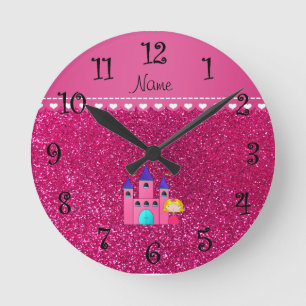 Custom name princess castle neon hot pink glitter round clock